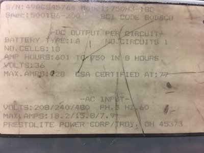 Hobart forklift battery charger data tag and information plate.